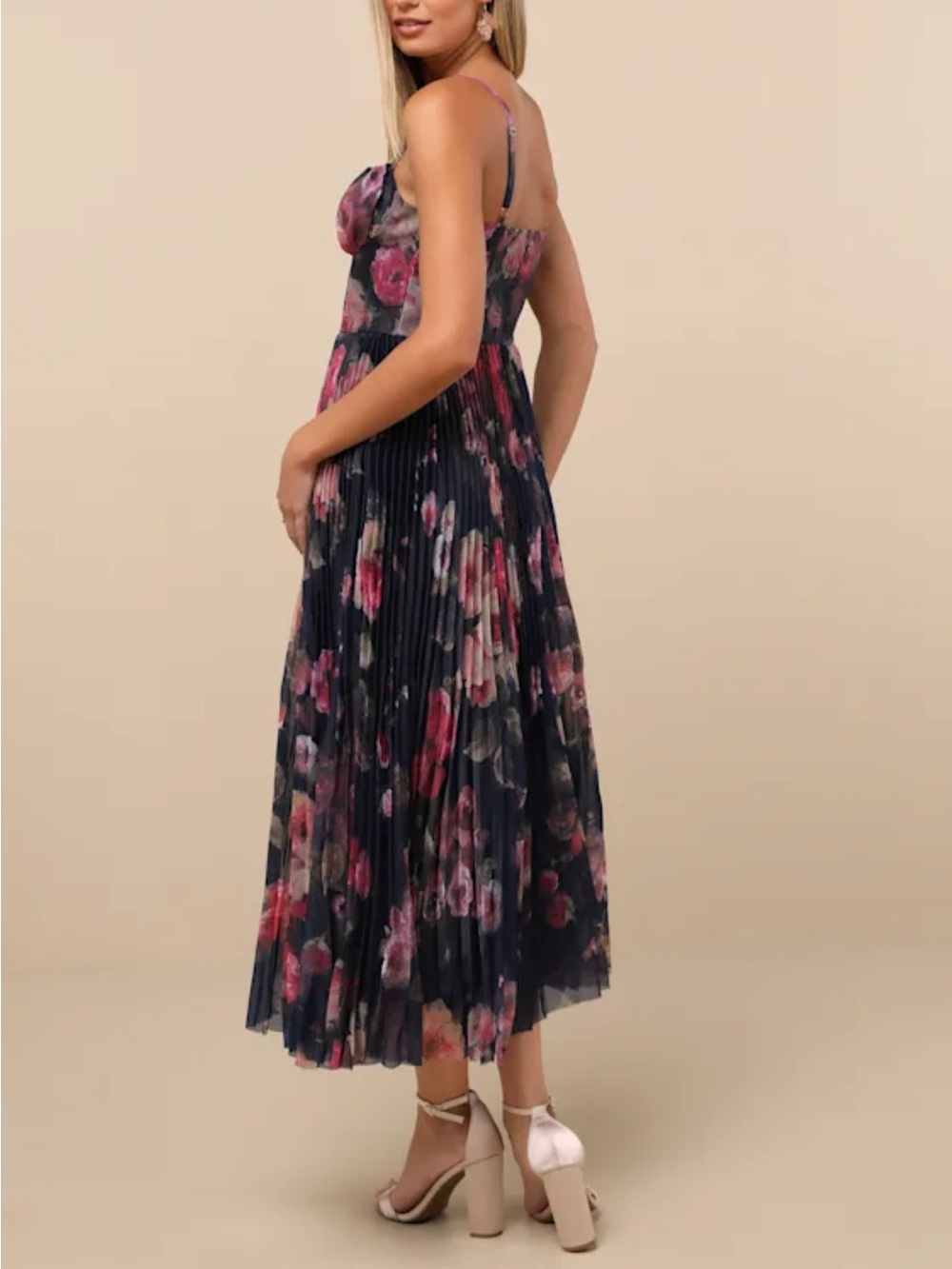 Lulus Alluring Invite Midnight Blue Floral Pleated Bustier Midi Dress XS - Picture 7 of 13